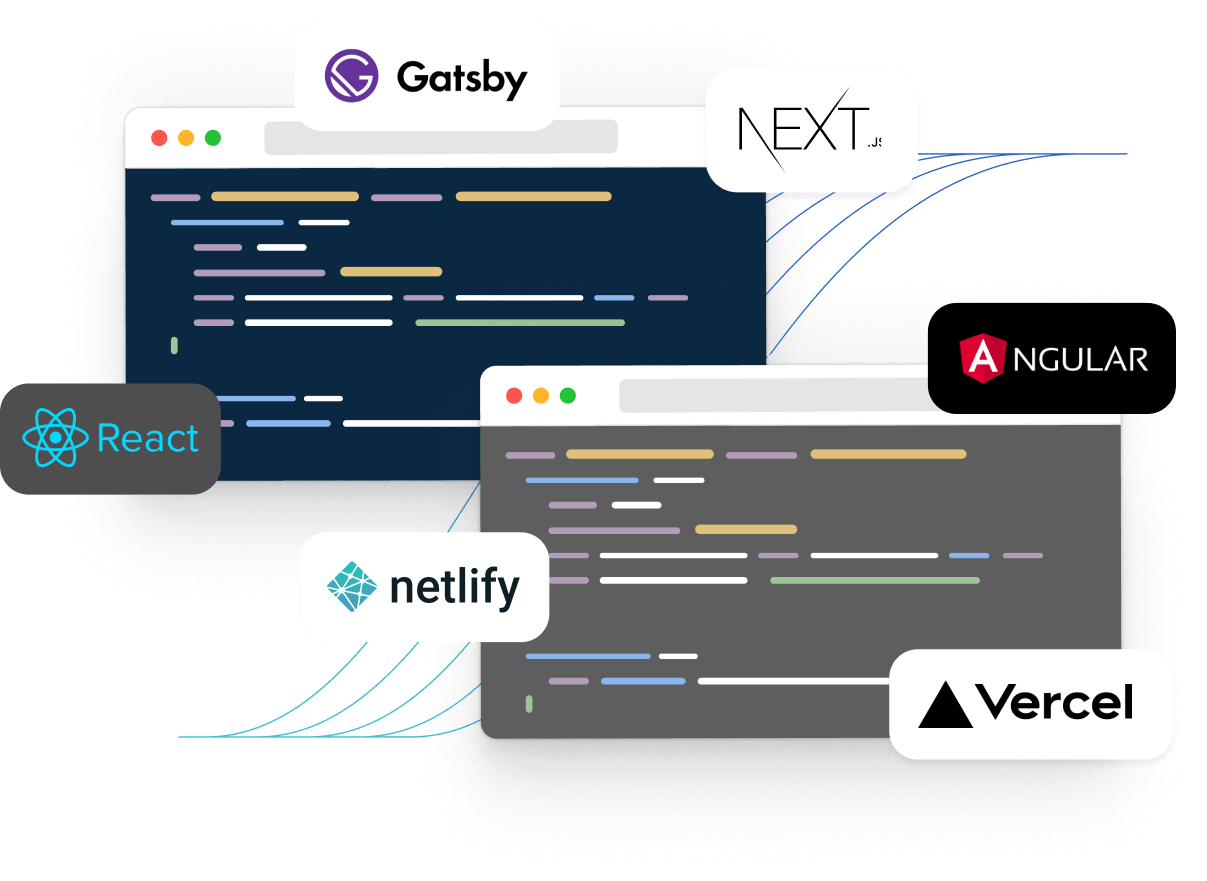 Image showing different frontend frameworks including: netlify, angular, react, gatsby and vercel